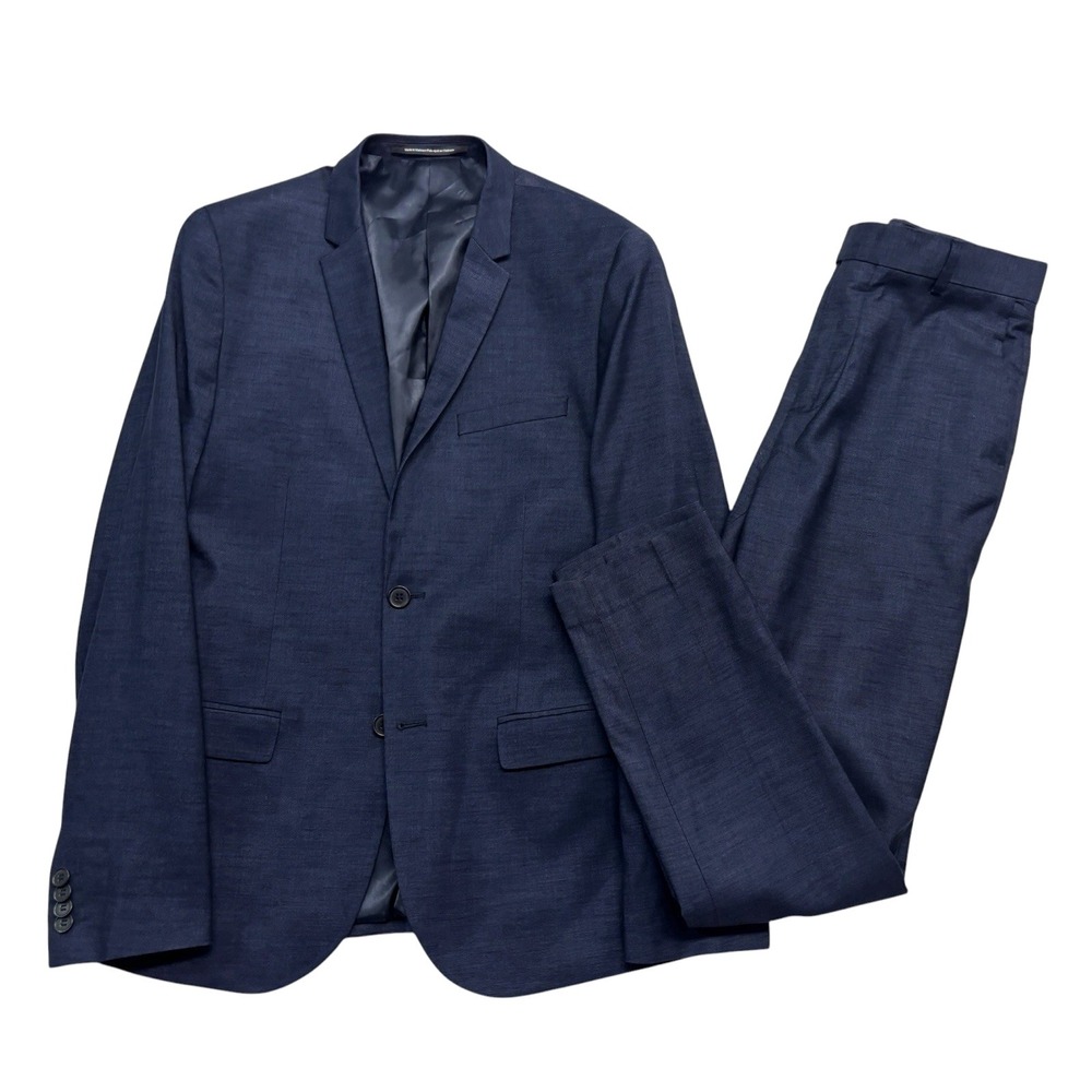 H&M 40R 32x30 Skinny Slim Fit Navy‎ Blue 2pc Pant Suit Flat Front Tapered Modern